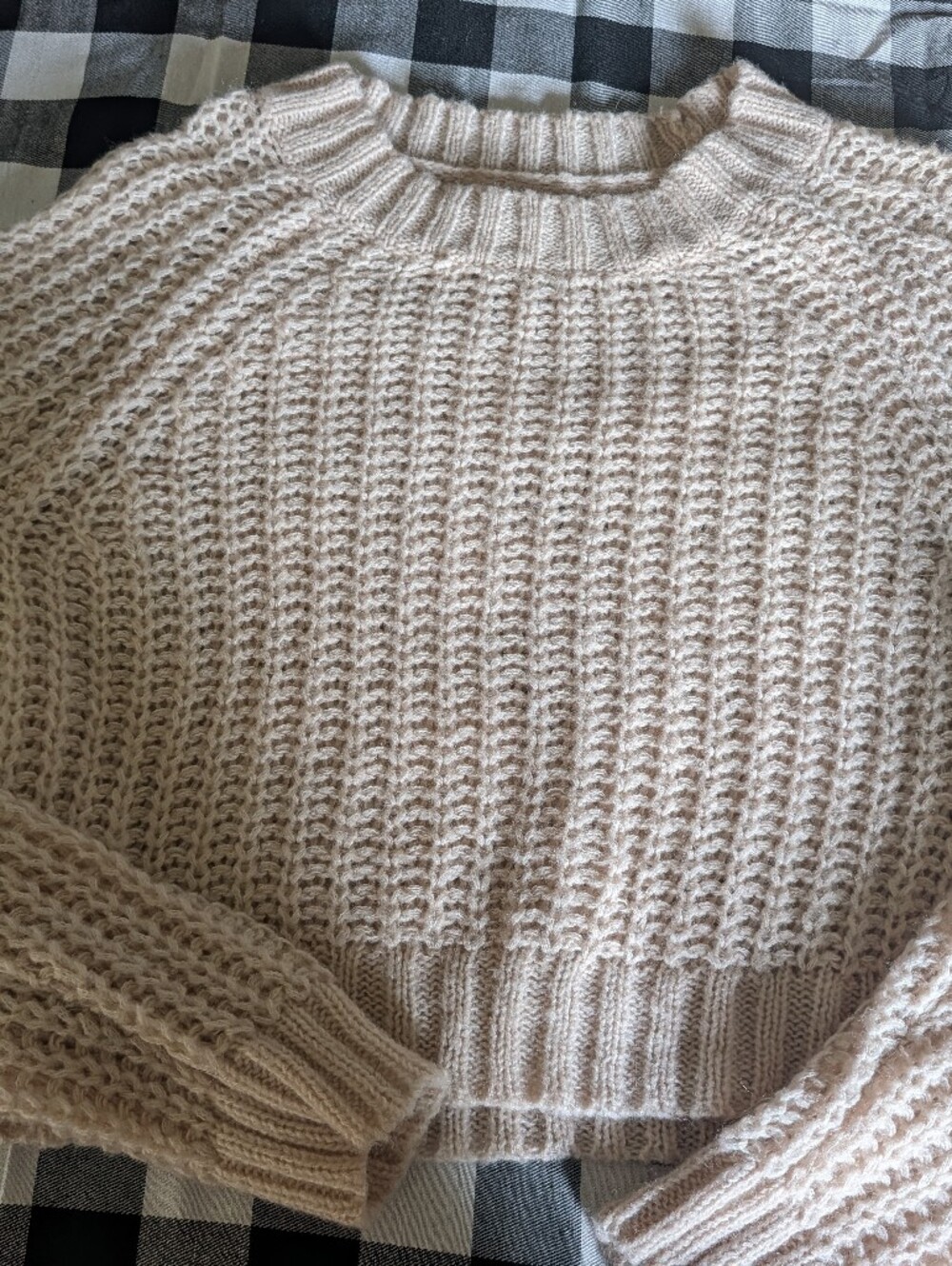 American Eagle Outfitters Cream Knit Crewneck Sweater with Brown/Blue